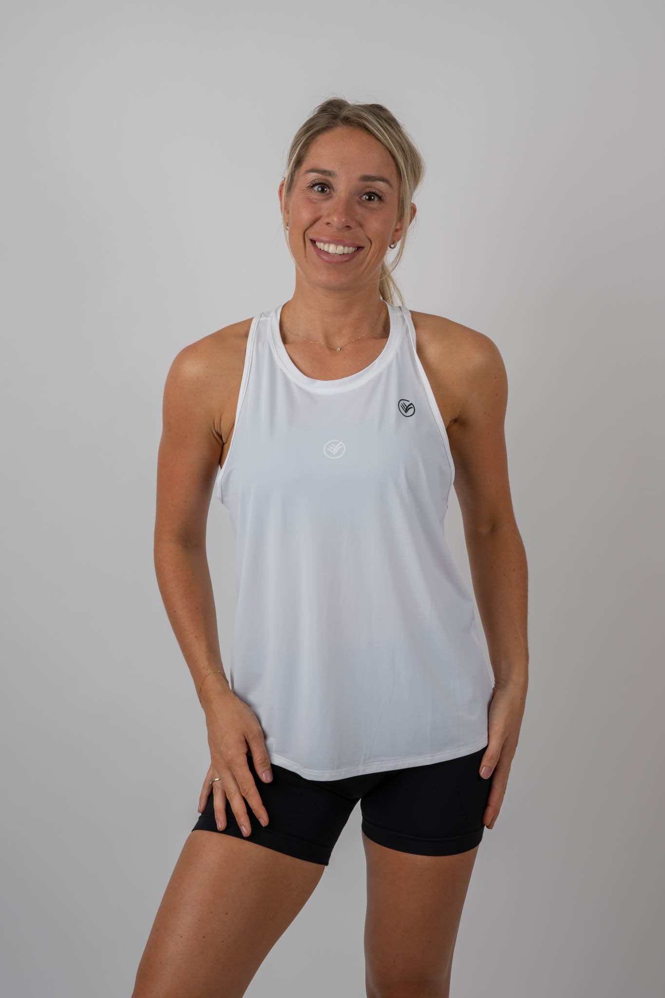 open back performance tank – white | women’s gym tank top | galvis sports