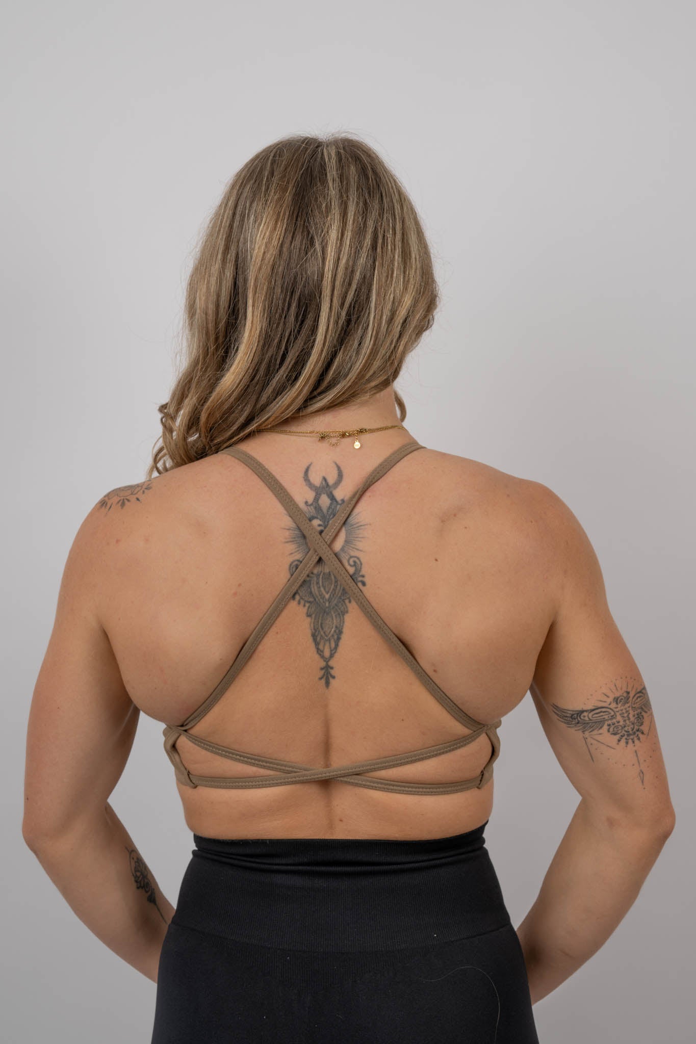 strappy performance sports bra – taupe | women’s supportive gym bra | galvis sports