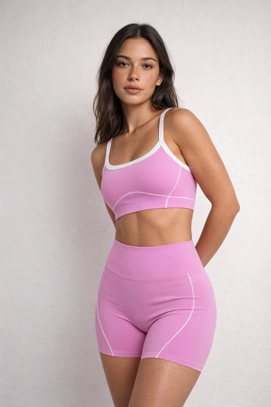 Conjunto de sujetador y pantalón corto – Rosa | Conjunto de gimnasio moldeador para mujer | Galvis Sports