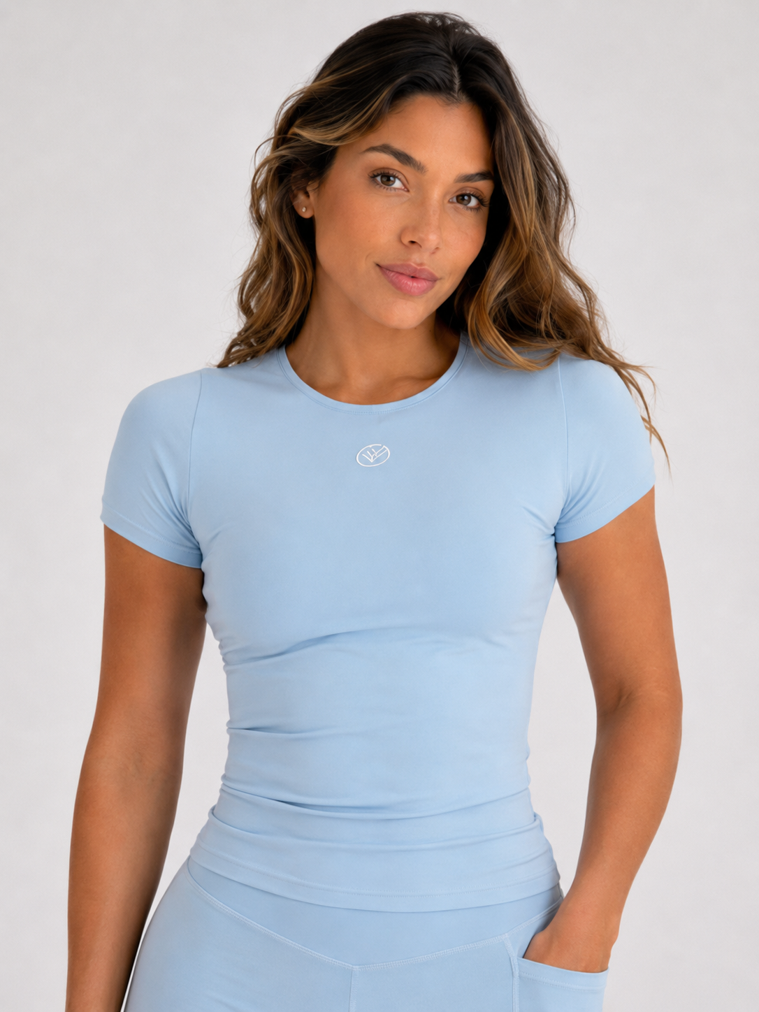Naadloze korte set – Lichtblauw | Sculpting gymset voor dames | Galvis Sports